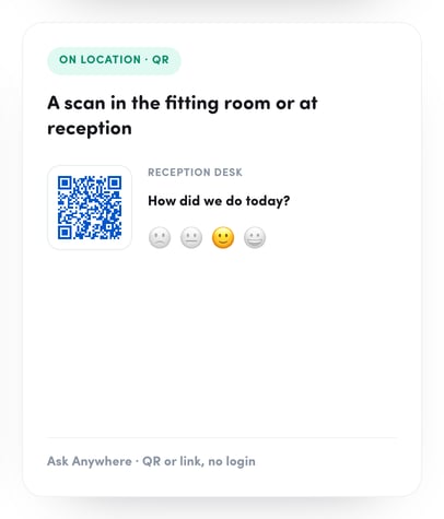 An Ask Anywhere survey reached by QR code at a reception desk, no login needed