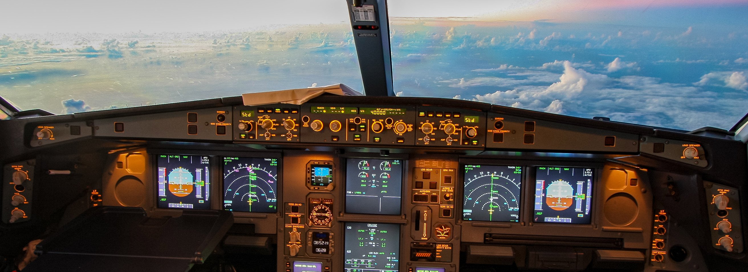 Airplane cockpit interior showing flight instruments and cloud view, symbolizing how customer feedback acts as an essential navigation tool in the executive leadership cockpit